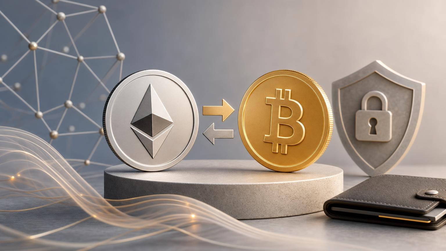Ruta visual para cambiar ETH por BTC comprobando la cotización, la red de depósito, la dirección de recepción y las confirmaciones